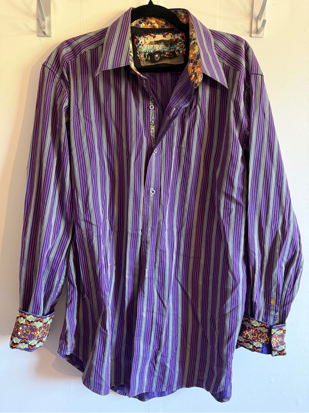 Robert Graham Purple Striped Flip Cuff Button Down Shirt Men’s XL 100% Cotton